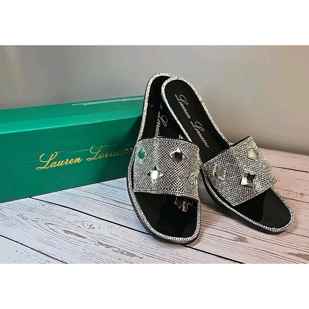 Bianca‎ Slip-On Sandals Woman Sz 10 Black Open Toe Rhinestones Sparkle